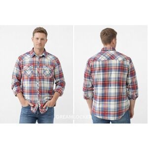 BKE Mens Standard Fit Plaid Western Pearl Snap Flannel Shirt Red Blue Large